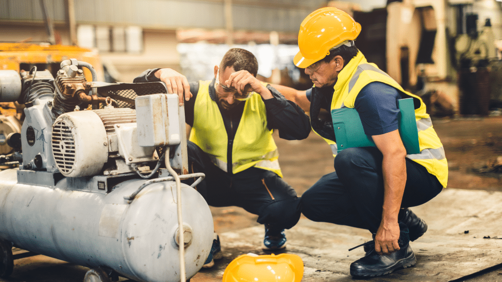 Two workers kneeling on the ground